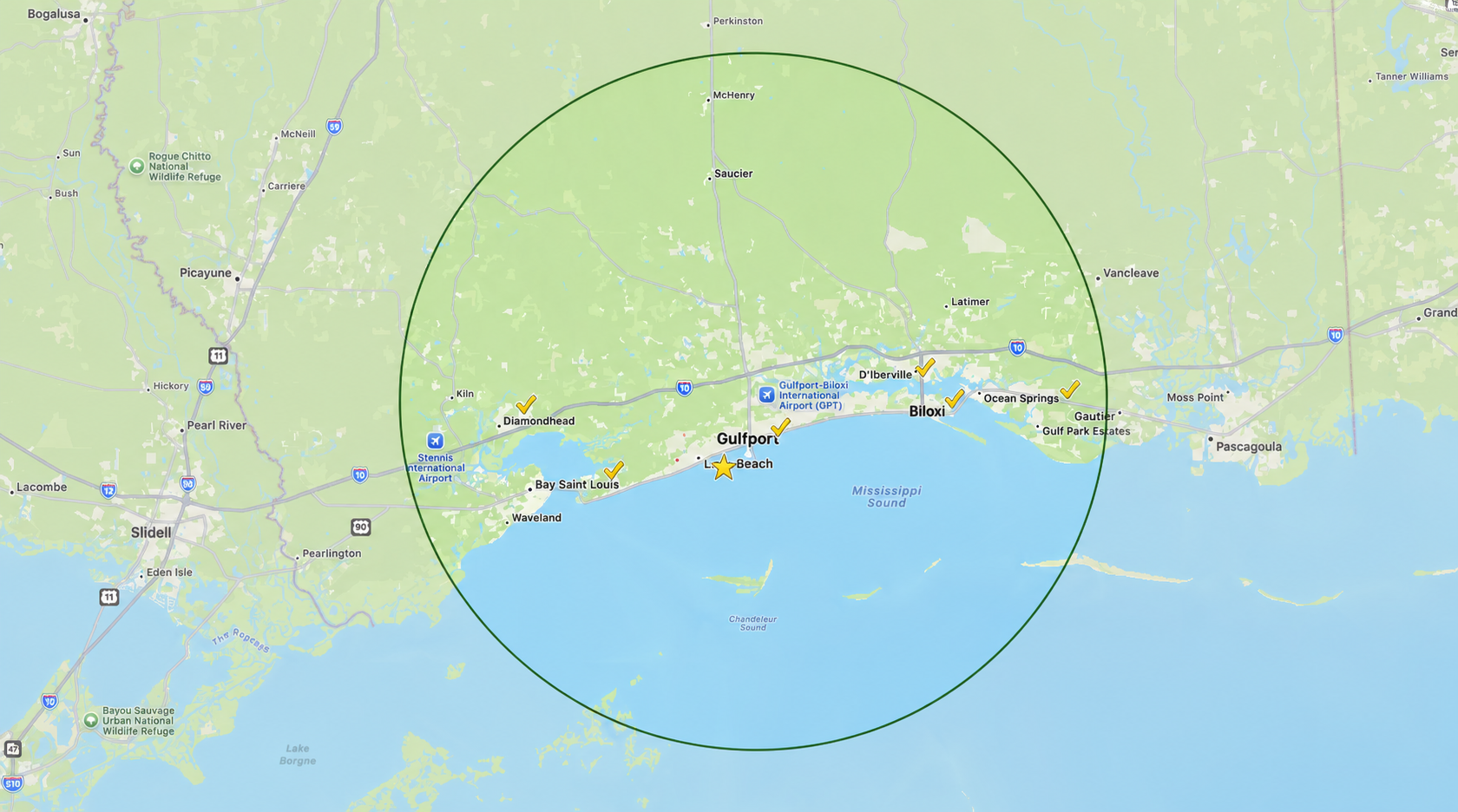 Annotated map of the Mississippi Gulf Coast service area from Pass Christian to Ocean Springs